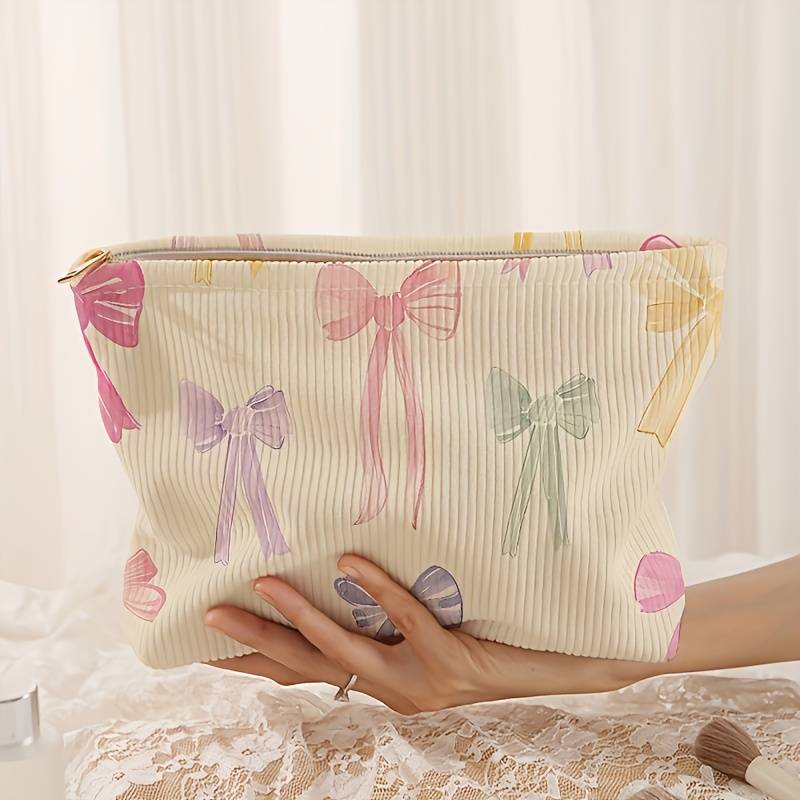 TEMU Colorful Bow Pattern Printed Corduroy Zipper Storage Bag, Lightweight Makeup Bag, Multi-functional Wash Bag With Lining