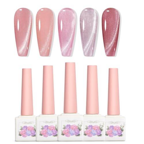 Adhere 5 st 12 ml Cat Eye Soak Off UV LED Gel Nail Polish Set, reflekterande glitter kattöga, glittrande magnetisk diamant transparent rosa utan magnet
