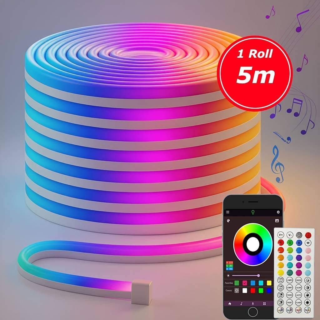Rgb Neon Light Strip, Ip65 Rated, Remote Control And App Control , Color Adjustable, App-synchronized To Music, Suitable For Game Rooms, Bedrooms, Indoor Decorations For Christmas And Halloween.