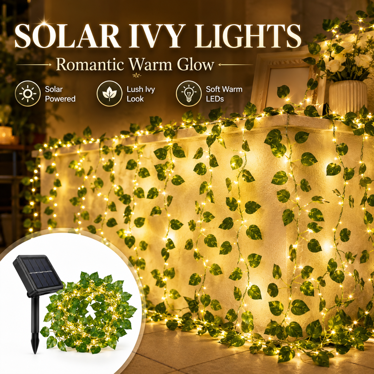 Solar Ivy Vine Lights 7M/12M Warm White LED Artificial Green Leaf Fairy String Lights for Garden Patio Wall Balcony Decor