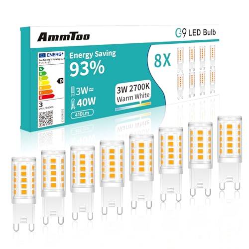 AmmToo G9 LED Lampe Warmweiß 3W 410 Lumen, 8er-Pack - Warmweißes LED Leuchtmittel, Ideale Dimension G9 led, Nicht Dimmbar, Ideal für Innenbeleuchtung in Küchen, Wohnzimmern
