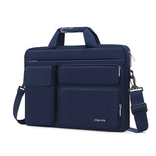 MOSISO Axelväska för bärbar dator, kompatibel med MacBook Air/Pro, 13–13,3 tums anteckningsbok, kompatibel med MacBook Pro 14 tum M1 med 2 upphöjda och 1 klaffar och 1 horisontell ficka och fixeringshandtag och bälte, marinblå