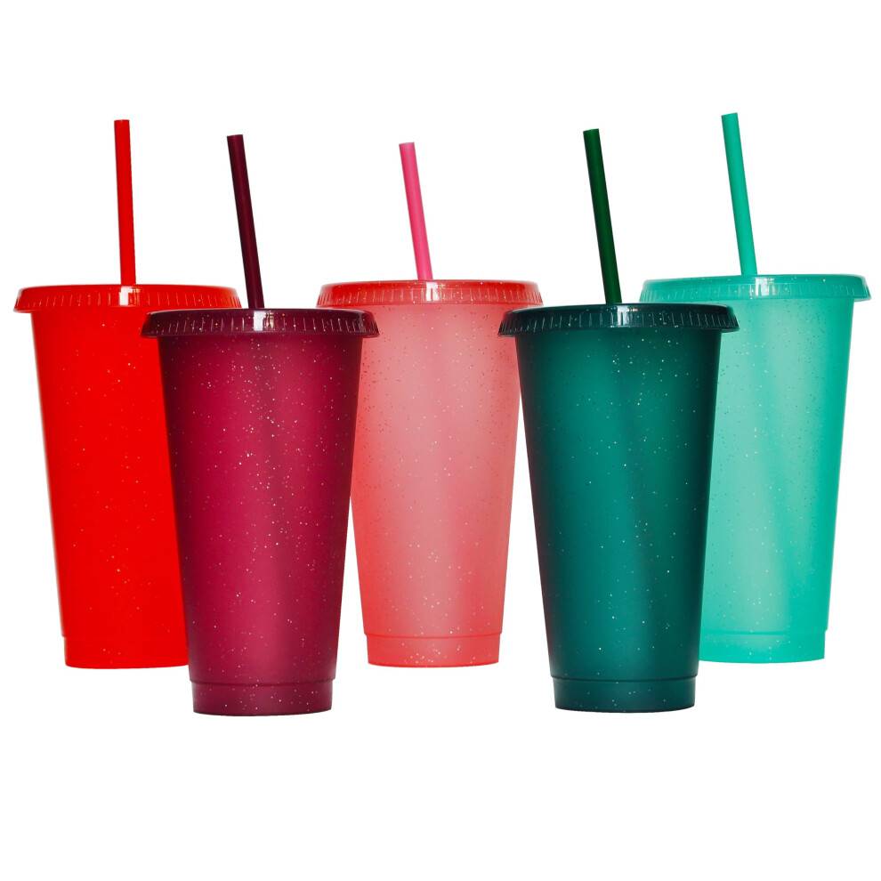 Genanvendelig plastikglas med låg og sugerør 24oz 5 stk.