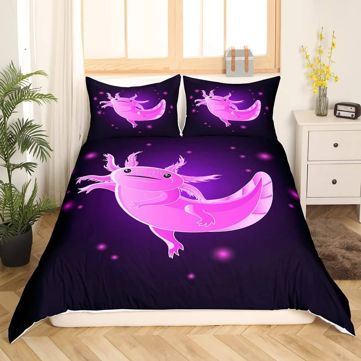 Sött Axolotl Sängklädesset För Pojkar Flickor Kawaii Reptiler Djur Täcke Örngott Tvilling King Size Havsliv Axolotl Påslakan US Full(200x230cm)