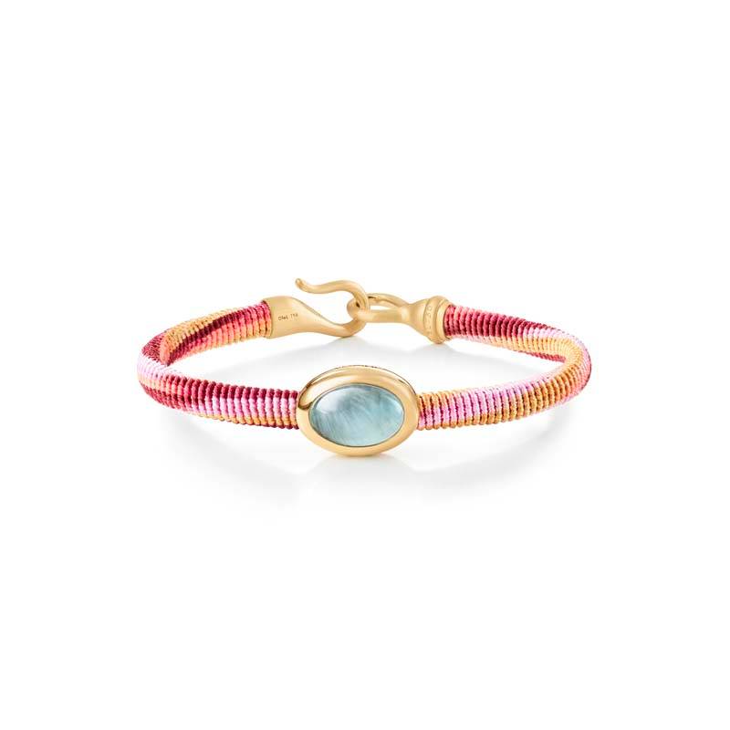 OLE LYNGGAARD COPENHAGEN Life armbånd, håndknyttet reb, Berry. Akvamarin fatning i 18 karat rødguld, 6 mm