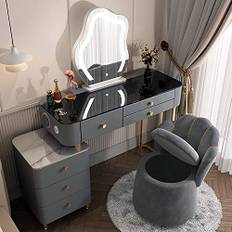 Sminkbord – sminkbord set med trådlös laddningsstation och Bluetooth-högtalare, sminkbord med 6 lådor, innehåller sminkspegel och stol, för sovrum (grå)