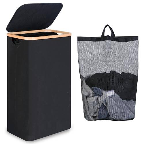 iEGrow Tvättkorg, 75 l, tvättkorgar för tvätt med tvättbar och urtagbar innerväska, smal tvättkorg för smutstvätt, leksaker, handdukar, förvaring (svart)