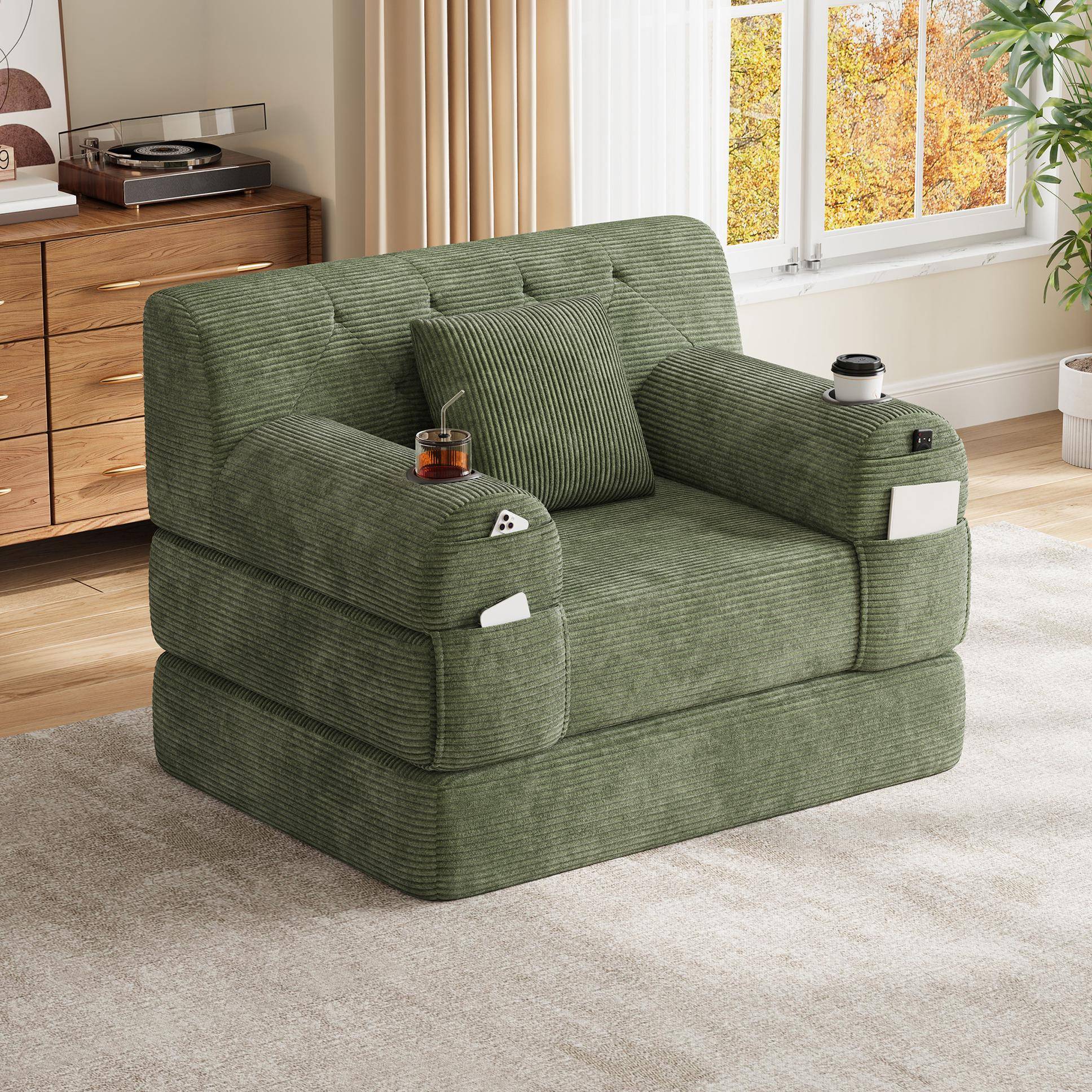 1-Seater Sleeper Sofa with Metal Frame and High-Density Foam, Single Convertible Chair Bed for Cosy Interiors, 107L x 80W x 81H cm, Green Aosom UK