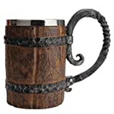 GeKLok 650 ml trä imitation tunna rostfritt stål ölmugg, dubbelvägg tankard dricksbehållare med handtag, pirat vikingakopp fantasi medeltida tavern trä tank för bar restaurang heminredning