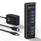 RSHTECH Aluminium USB Hub Aktiv 3.0 med 24W(12V/2A) strömförsörjning 7 Port USB 3.0 Powered Data Hub och Individuell USB Port Expander on/off Switch för PC och Bärbara Datorer (RSH-A37S)
