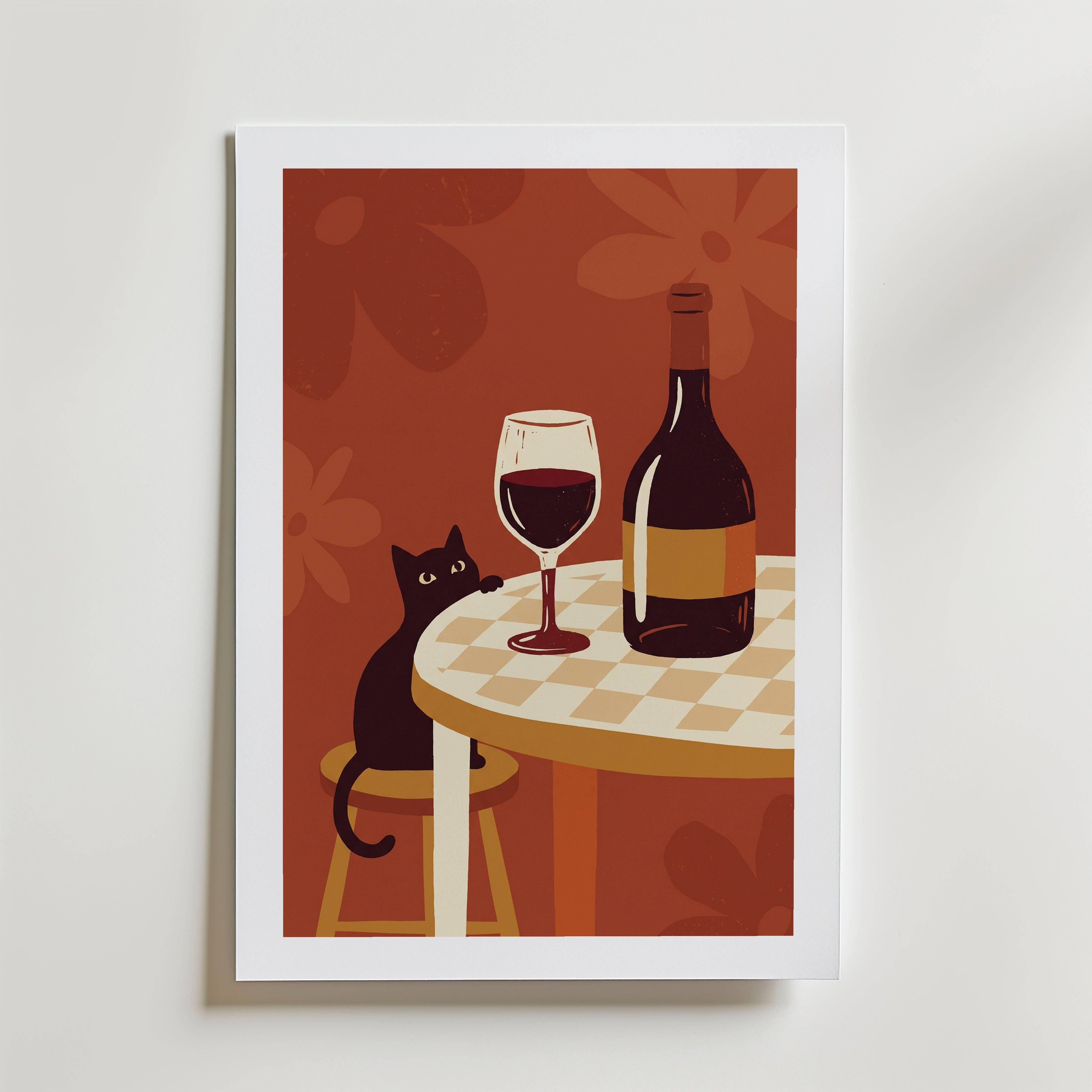 Wine Hour Cat Poster - Fine Art Poster 70x100 cm Med passepartout
