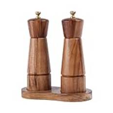 DeroTeno Salt- och pepparkvarn-set med bricka, justerbar keramisk kvarn saltkvarn, pepparkvarn i rostfritt stål, akaciaträ, 16,5 cm höjd, bottendiameter 5 cm (bricka ingår)
