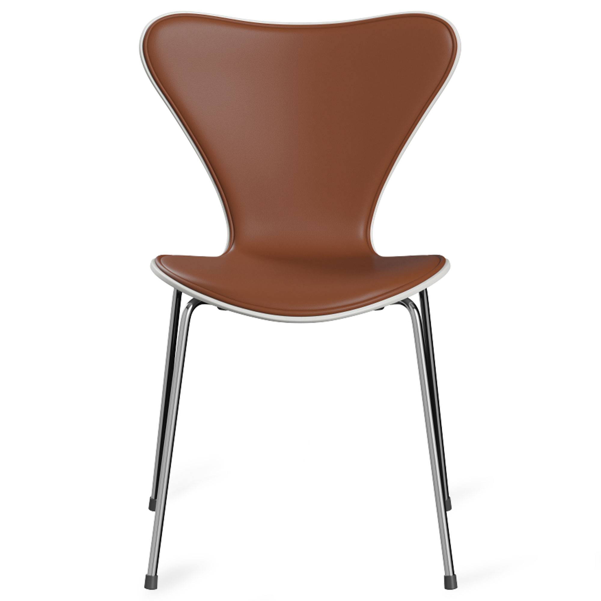 Fritz Hansen - Series 7 stol 3107 forsidepolstret læder stålstel krom Soft Cognac/White - Spisebordsstole - Arne Jacobsen - Brun - Læder/Metal/Træ