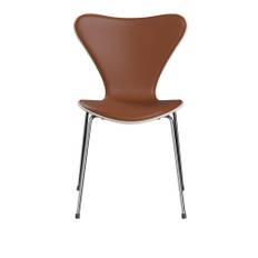 Fritz Hansen - Series 7 stol 3107 forsidepolstret læder stålstel krom Soft Cognac/White - Spisebordsstole - Arne Jacobsen - Brun - Læder/Metal/Træ