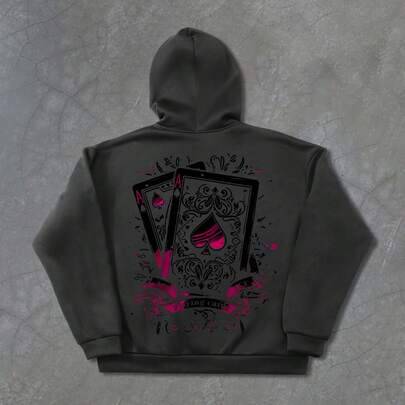 Herr sweatshirt med huva i mörkgrått, svart och rosa Ace of Spades poker-kort, vintageamerikansk streetstyle, avslappnad, vår/höst/vinter (L,M,S,XL,XXL)