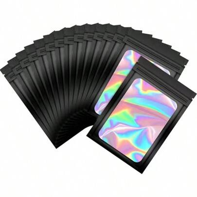 50 st svarta självförslutande påsar med transparent fönster, återförslutningsbara matförvaringspåsar för godis, gummies, foliepåsar, festpresentförpac (9x12 cm,12x20 cm,10,5x15cm,7,5x10 cm,8*13 cm)