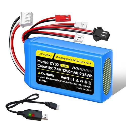 CITYORK 7,4 V/1 250 mAh Lipo RC uppladdningsbart batteripaket med JST-kontakt & PH2.0 & SM-2P & MX2.0 Plug Connector, batteri för WLtoys RC-bilar A949 A959 A969 A979 K929 och Most 1/16 1/18 1/24