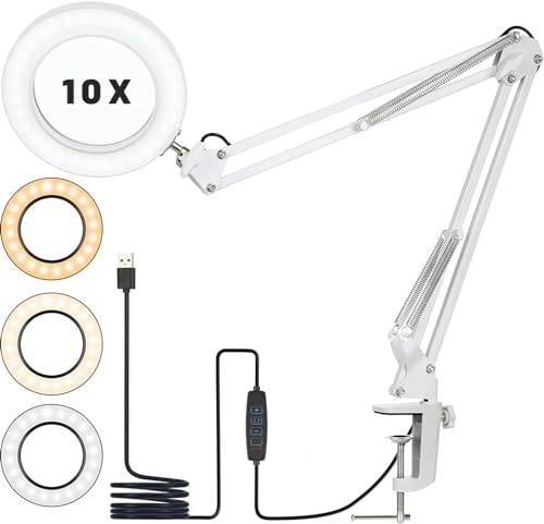 10 x förstoringsglas med ljus och stativ, förstoringsgla med 72 lysdioder, 3 färglägen dimbar och 10 ljusstyrkenivåer, lä, LED-lä med metallklämma, LED-lupplampa för smycken, arbete