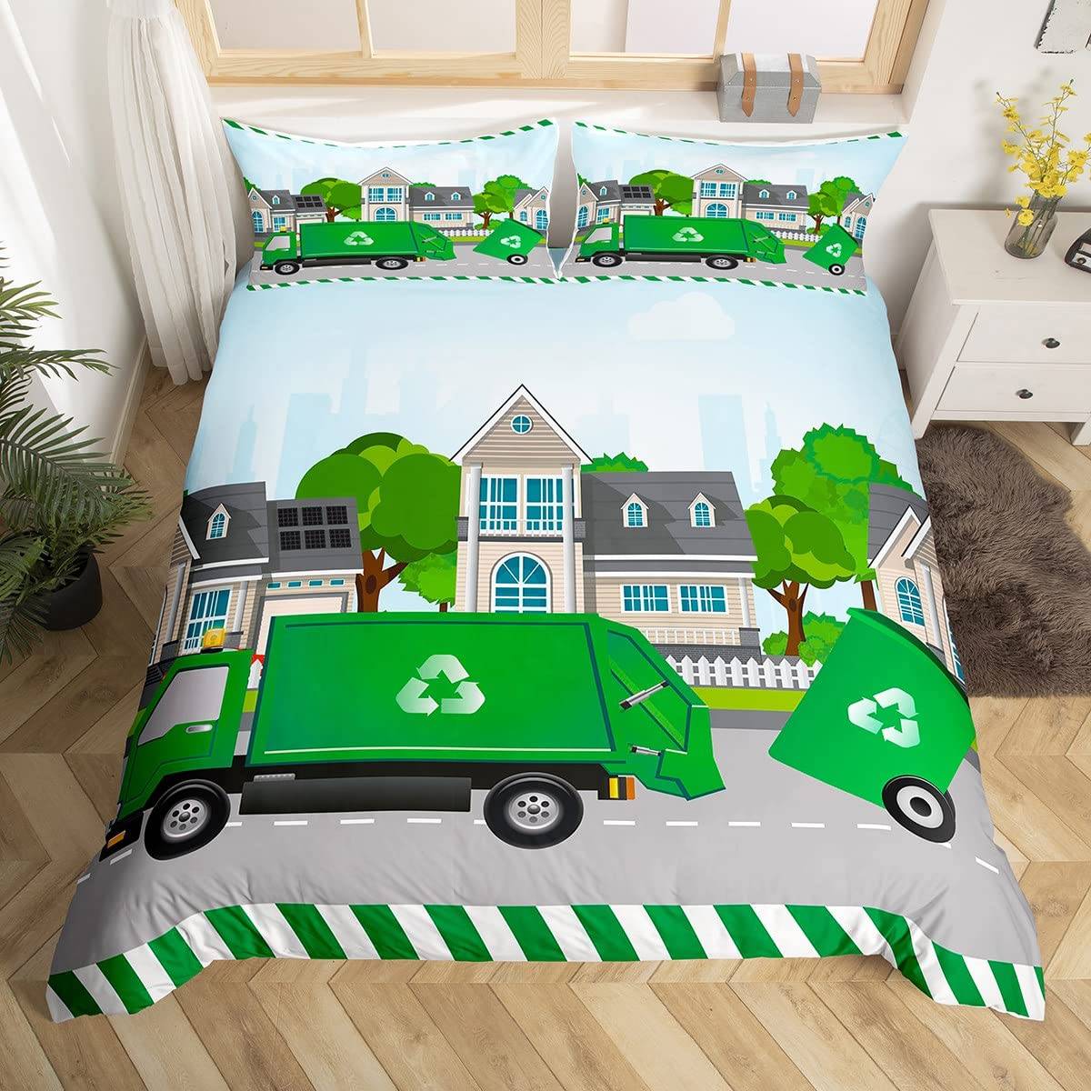 Barn Pojkar Grön Sopbil Kung Drottning Påslakan Sopbil Täcke Överdrag Fordon Bil Sängkläder Set Polyester Quiltöverdrag 70x133cm 2pcs