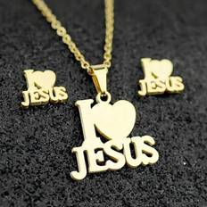 Mode i rostfritt stål Jesus Cross & Letter JESUS Hängsmycke Set För Kvinnor, Män Hjärtformat Brevhänge Halsband Smyckesset, Kristen symbol Smycken Pre - Gult guld (En-Storlek)