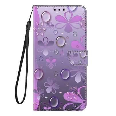 Lila gradient vattendroppe blomtryck PU-läder plånboksfodral för telefon med flipcover, kortfack och ställ, kompatibelt med flera märken och modeller - Multifärgad (Multi-size)