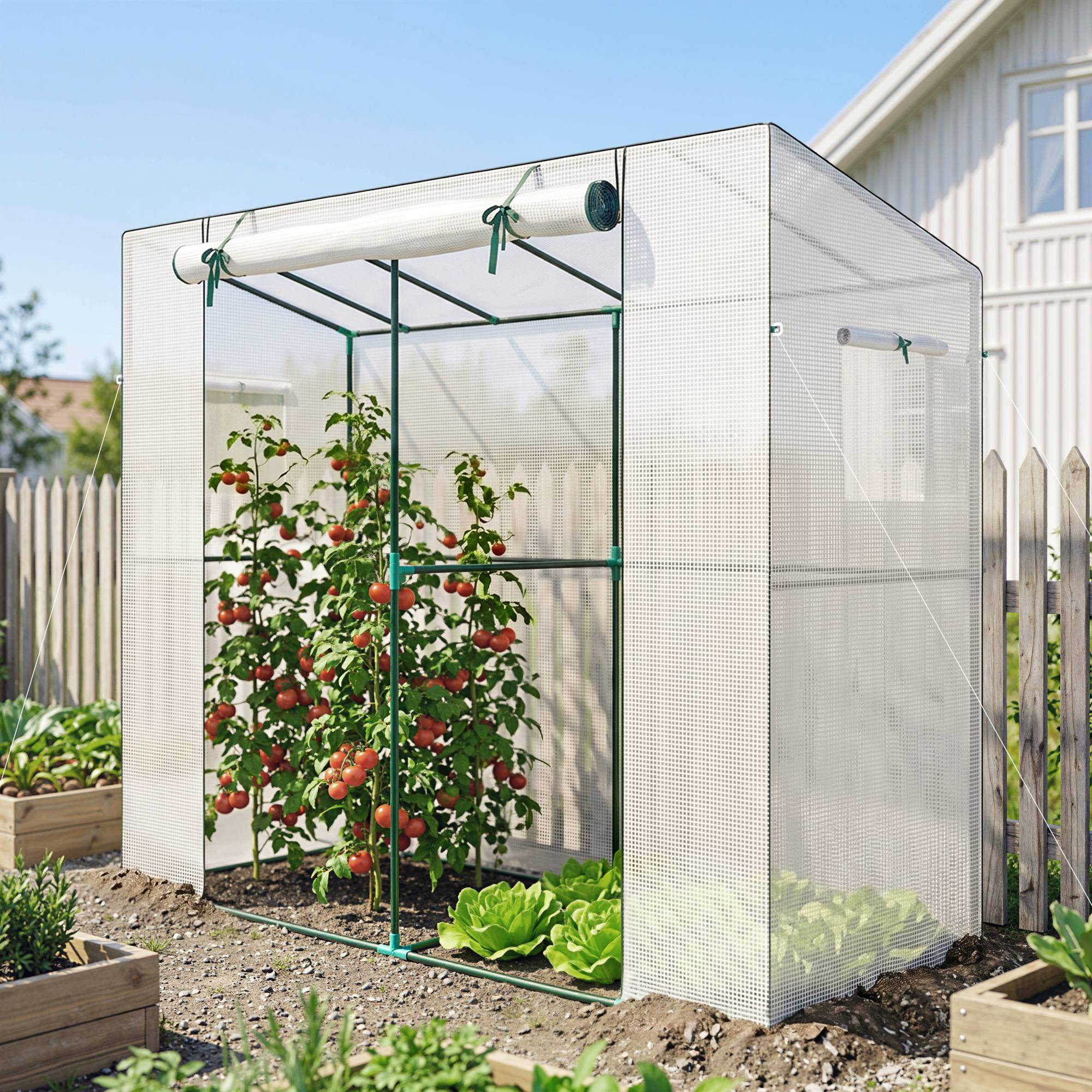 Minidrivhus, lænedrivhus med rulleport og netvinduer, UV-bestandig, til blomster, kimplanter, planter, hvid.