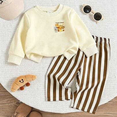 2-delat set för småbarnspojkar, avslappnad retrostil i aprikos med hamburgare- och bokstavstryck, långärmad sweatshirt + randiga vida byxor, koreansk - Gul (6-9M,9-12M,12-18M,18-24M,2-3Y)