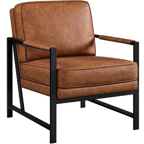 Yaheetech Retro fåtölj stol ryggstöd fåtölj vadderad och ryggstöd enkelfåtölj med metallram och konstläder, ljusbrun