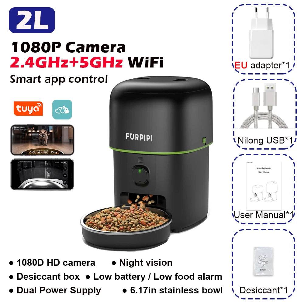 Smart Camera Pet Feeder with 1080P HD & 5G WiFi - Black EU plug / 1080P HD 5GWiFi / 2L 0.53gal (1080P HD 5GWiFi)