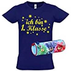 Coole-Fun-T-Shirts Bildningsset PJMASK strålkastare t-tröja skola I Am 1. Klass marin stl 116 cm