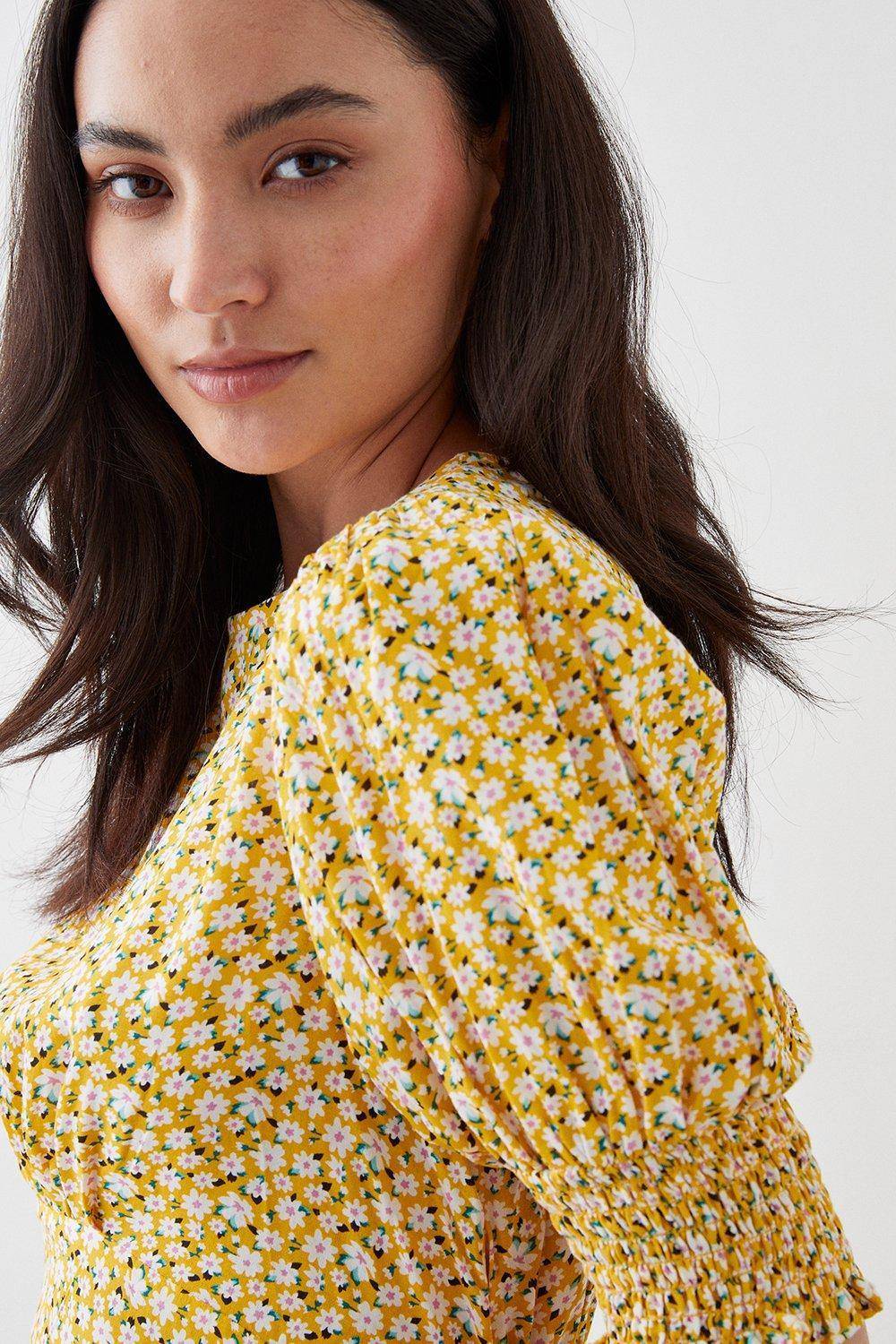 Petite Yellow Ditsy Shirred Cuff Midi Dress - yellow - 8.