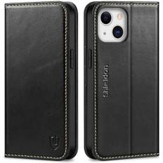SHIELDON Fodral för iPhone 13 5G mobiltelefonfodral [äkta läder] [kortfack] [stativ] [magnet] [komprimerad TPU] skyddande skal läderväska telefon skydd kompatibel med iPhone 13 6.1 – retro svart