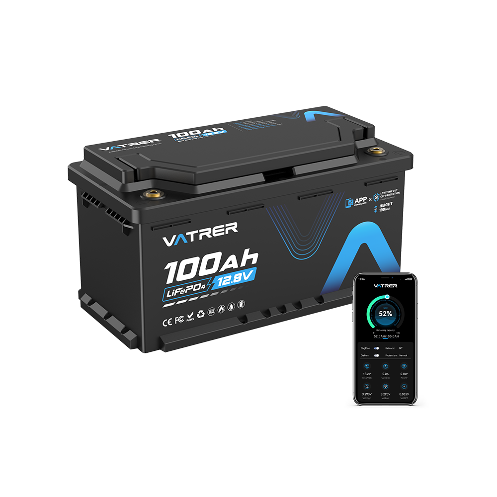 Vatrer 12V 100Ah H190 Bluetooth LiFePO4 Battery with 188mm Height 1280Wh 5000+ Cycles Lithium Battery EU - 10 Pack