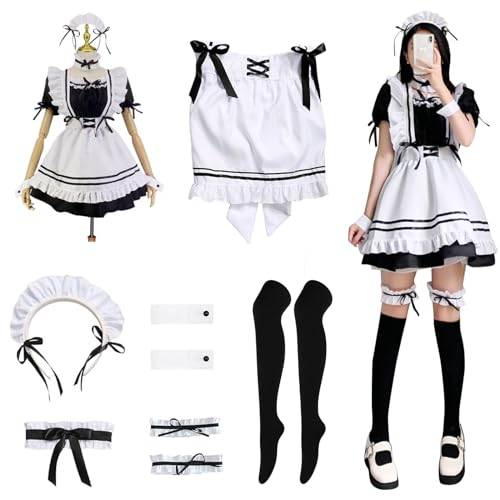 MeYuxg Tenue de Maid - Fransk flickdräkt - Halloween-kostym för kvinnor - Söt kvinnlig cosplayklänning - Tjänarinnakostym med förkläde, ringar för benen - Svarta strumpor - Kostym av
