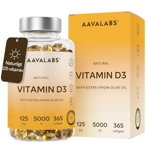 D3-Vitamin 5000 IU Högstyrka - Extra Virgin Olivolja för Optimal Absorbering - GMO-, Gluten- och Laktosfri - Bidrar till Ben-, Muskel och Immunfunktion - 365 Kapslar