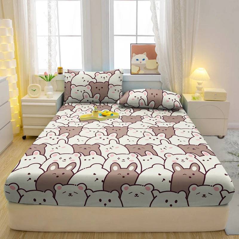 1 Cartoon Fun Animal Printed Matte Fitted Sheet, Bedroom Printed Bed Cover, Bedding (Excluding Pillowcases) - M-bear / 71x132cm