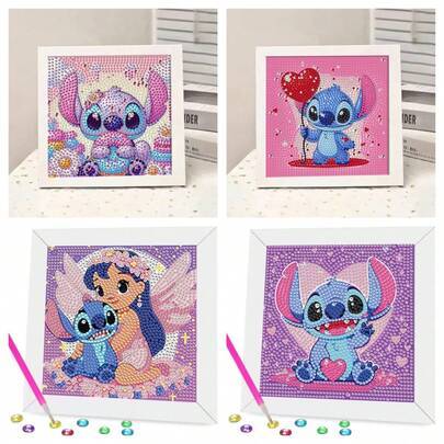 Stitch Series Diamond Painting Kit med ram, 4 stilar tecknad Lilo & Stitch 5D full diamant DIY handgjord konst, heminredning och present för Stitch-fa (A,B,C,D,E)