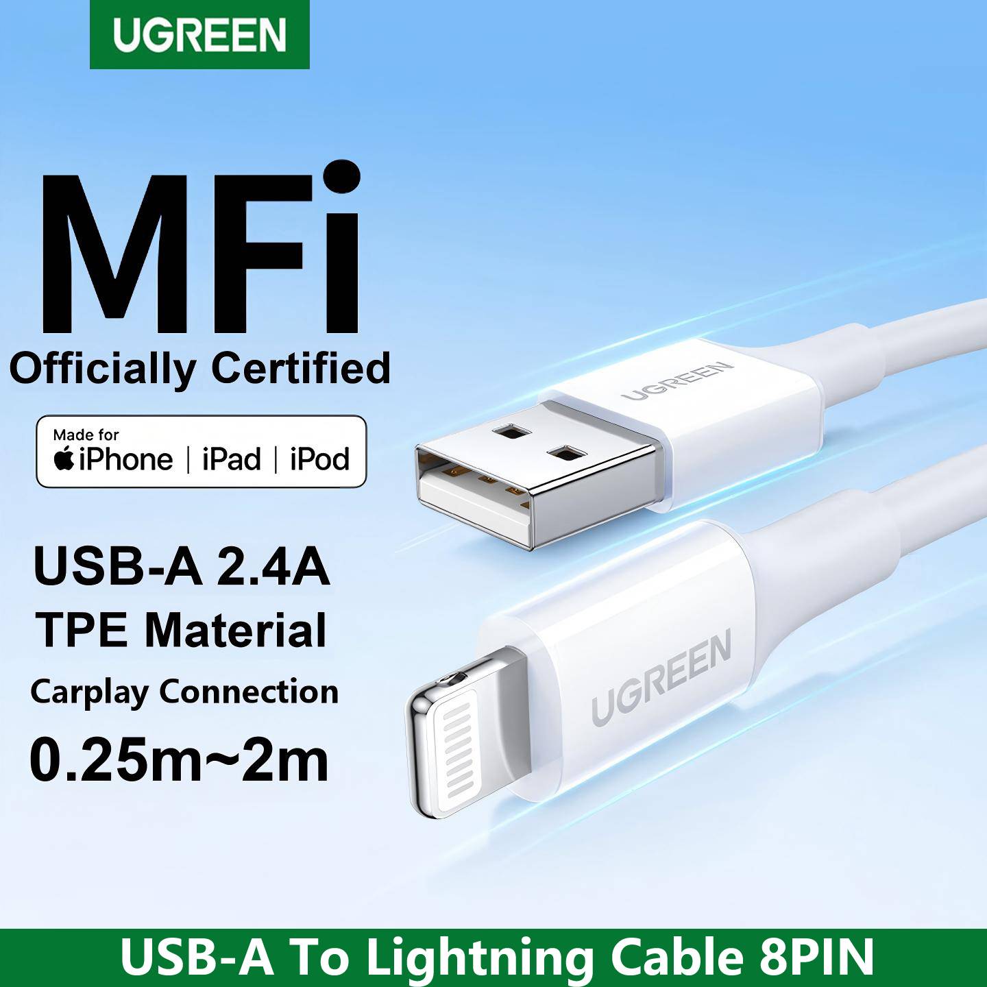 UGREEN MFi For USB to Lightning Cable for Apple iPad iPhone 14 13 12 8 Charger Charging Data Braided Short Long 50cm 2m Carplay