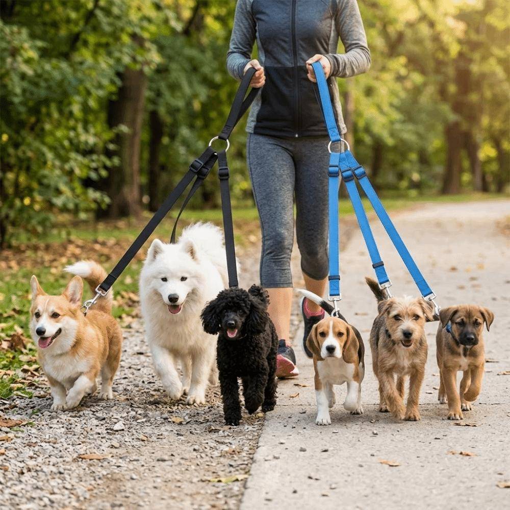 Justerbar Längd Trevägs Hundkoppel Nylonmaterial Husdjur 3 i 1 Koppel Hund Trippelkoppel Husdjursträning blå