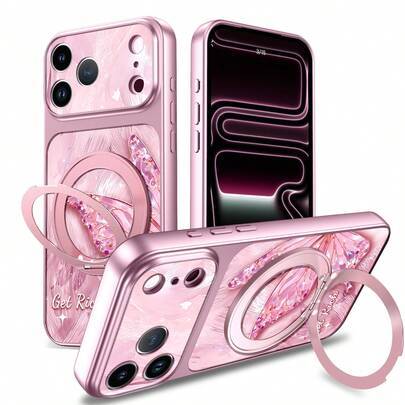 (Beställ och följ butiken för att få gratis nyckelband) Lyxigt mobilskal med strass och halv fjäril, 360° roterande ställ, Corning metallmålat mobilsk - Rosa (Multi-size)