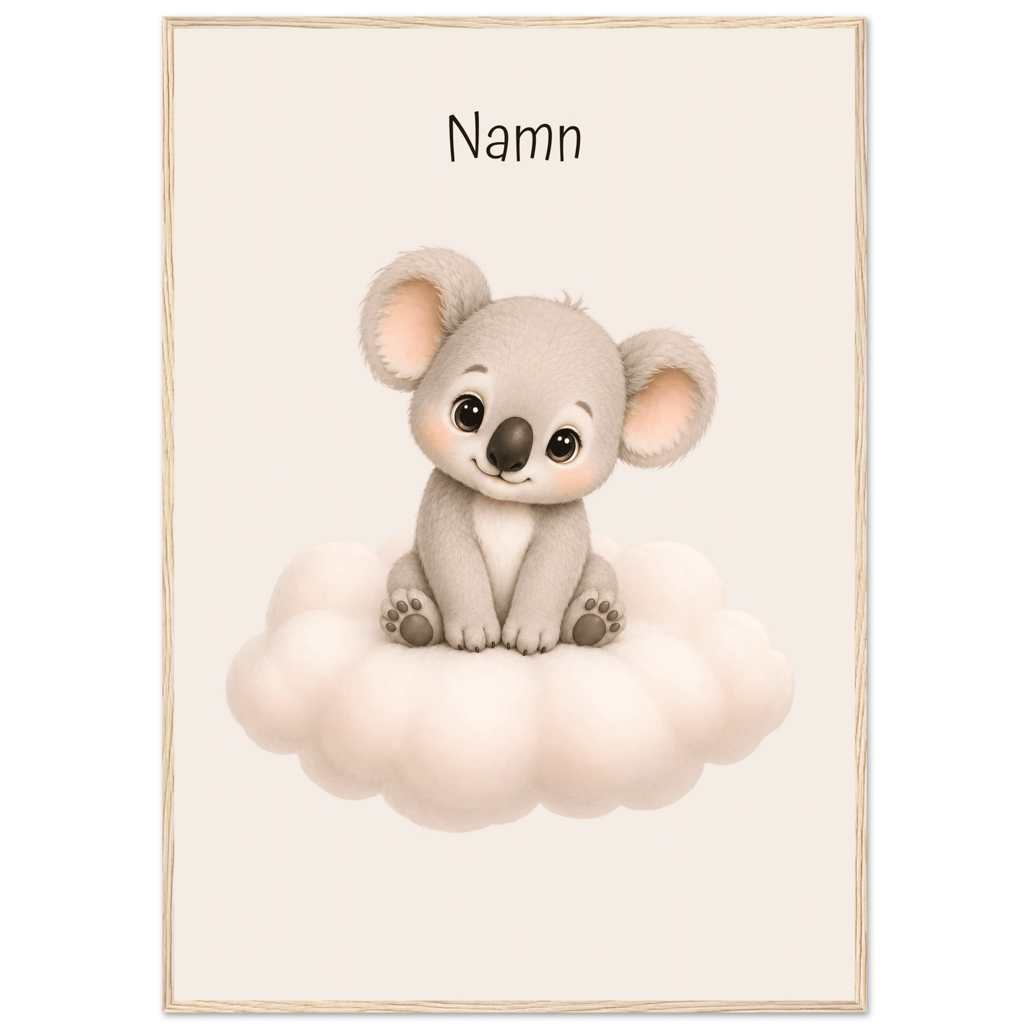 Koala på moln med namn-70x100 cm / 28x40″ / Med ram / Ljust trä