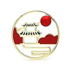 women brooch pins ladies fashion accessories enamel pavilion landscape brooch ladies round party brooch cardigan jacket coat brooch fashion brooches (Red Red)