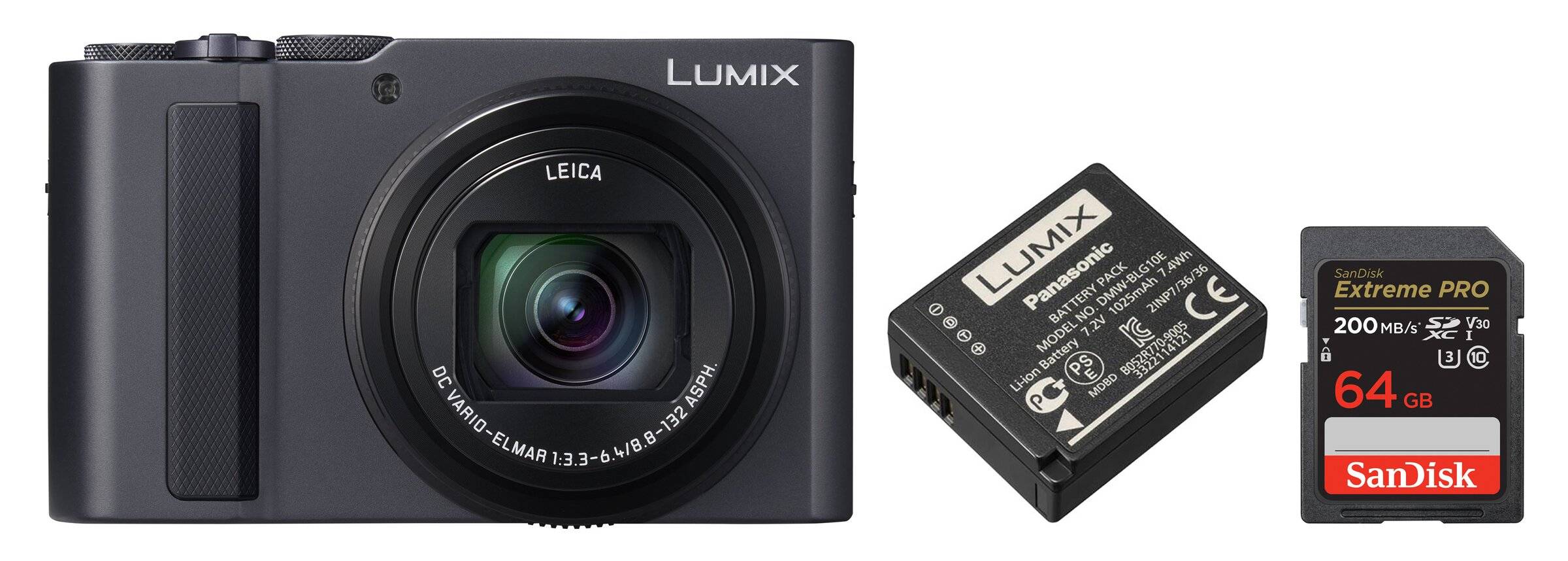 Panasonic Lumix DC-TZ300 + BLG-10 Battery + 32 GB SD Card  silver