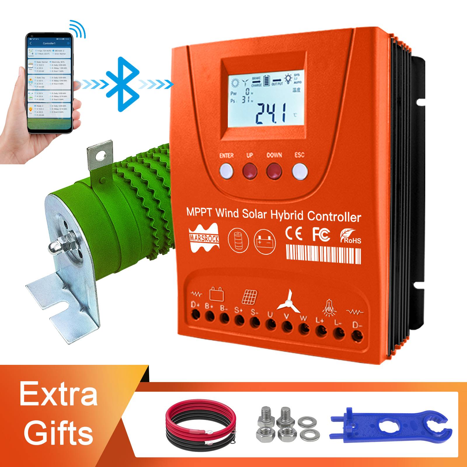 3000W Built-In Bluetooth 12V/24V/48V MPPT Hybrid Solar Controller Wind Turbine, With LCD Display, For Lifepo4 Full Battery System