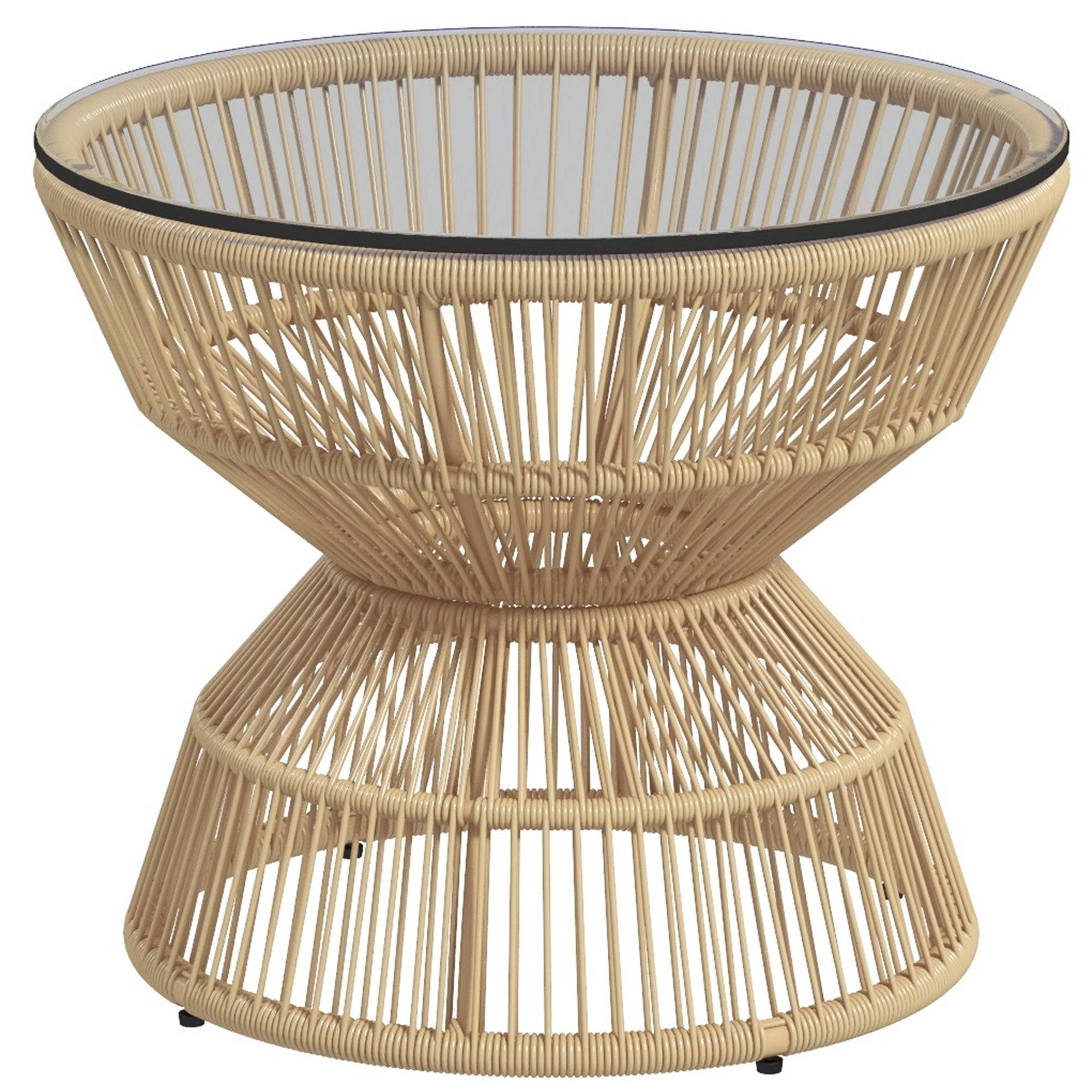 Udendørs sidebord, havebord, rattan sidebord, glasplade, PE-rattan, 60 cm x 60 cm x 50 cm, naturlig