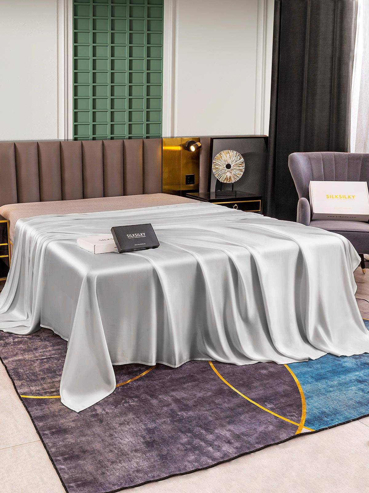 25Momme Mullbärssilke Seamless Platt Lakan - Silver / 1,6m Säng(260x275cm)