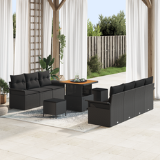 vidaXL 10 Stykker Have Sofa Sæt med Hynder Sort Poly Rattan Akacietræ&&vidaXL 2-Sæders Have Sofa med Hynder Sort Poly Rattan&&vidaXL 3 Stykker Have Spise Sæt med Hynder Sort Poly Rattan Akacietræ