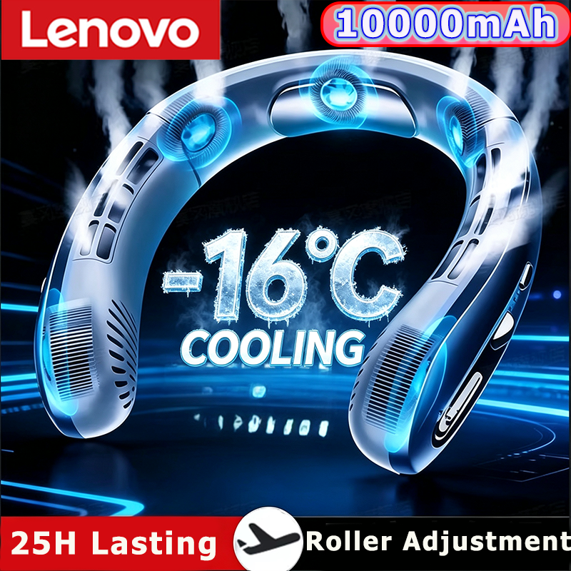 Lenovo 2027 10000mAh AirCooling USB Rechargeable Hanging Neck Fan Portable Bladeless Mute LED Digital Display Electric Sport Fan