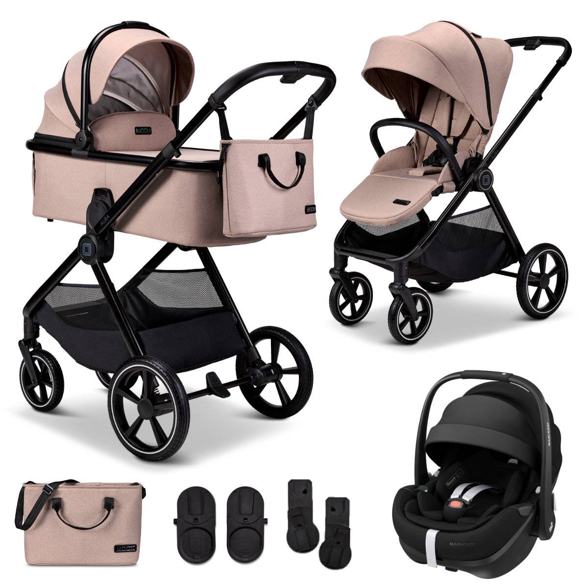 Moon Aura Stroller Set 3 in 1 including Maxi Cosi Pebble 360 Pro² Car Seat - Sand / Melange