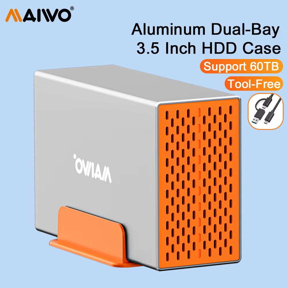 MAIWO 2 Bay 3.5 Inch External Hard Drive Enclosure Aluminum Shell Heat Dissipation 2.5/3.5 External HD Case for 2.5 3.5 SSD HDD